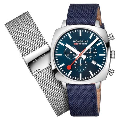 Mondaine Herren Armbanduhr Squar Chrono Blau MSL.41440. LD. SET Saphirglas, Wechse