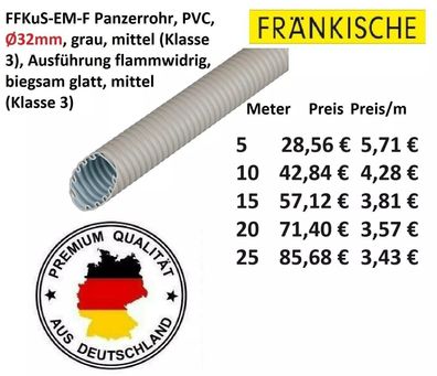 FFKuS-EM-F Fränkische Panzerrohr PVC Ø32mm grau mittel (Klasse 3) biegsam, glatt