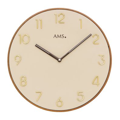 AMS W9563 Wanduhr 33cm Holzrahmen Nussbaumfarben, Zifferblatt beige