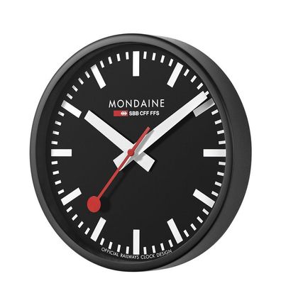 Mondaine Wanduhr schwarz, Durchmesser 25cm A990. CLOCK.64SBB