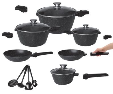 XXL 14 tlg Kochtopfset Abnehmbare Griffe Topf Set Pfanne + 4 Küchenhelfer