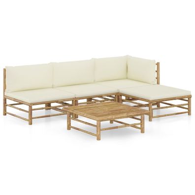 vidaXL 5-tlg. Garten-Lounge-Set mit Cremeweißen Kissen Bambus