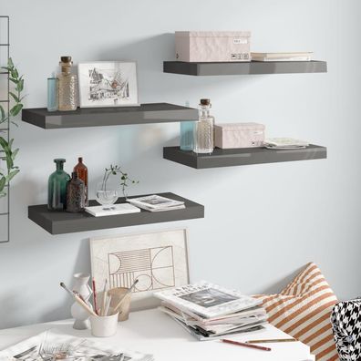 vidaXL Schweberegale 4 Stk. Hochglanz-Grau 50x23x3,8 cm MDF