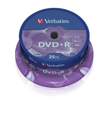 Verbatim VER43500 DVD+R - 4.7GB/120Min, 16-fach/Spindel, Packung mit 25 Stück