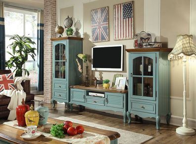 Landhaus Stil Wohnwand Wohnzimmer Vitrine Sideboard rtv Holz Schrank Möbel 3tlg