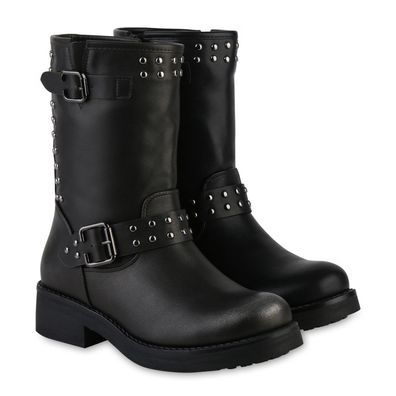 VAN HILL Damen Leicht Gefüttert Bikerstiefel Stiefel Nieten Schnalle Schuhe 841447