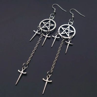 Ohrringe Pentagram mit Schwerter Drop Chain Gothic Punk Kultur