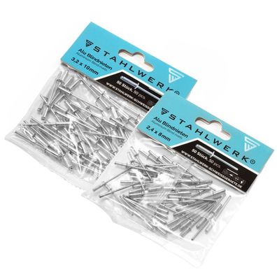 Stahlwerk Alu-Blindnieten 2er Set 2,4 x 8 mm + 3,2 x 10 mm für Blindnietenzangen
