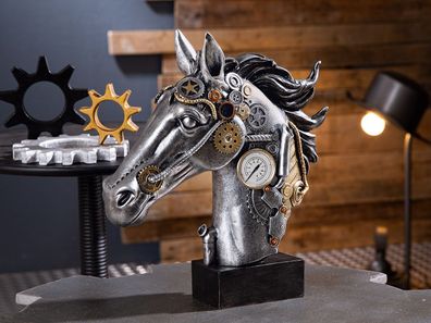 Gilde Skulptur "Steampunk Horse" antik silberfarben mit kupferfarbenen Elementen,