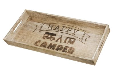 Gilde Deko Tablett "Camping" naturfarben aus Mangoholz, schmal "Happy Camper" nur