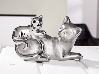 Gilde Porzellan Skulptur Katze silberfarben, glänzend und mit Oberflächenstruktur