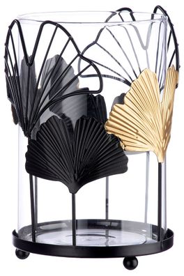 Gilde Windlicht "Ginkgo" schwarz/goldfarben mit Glaseinsatz H: 19 cm Ø 12 cm 84226