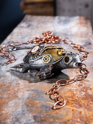 Gilde Skulptur "Steampunk Turtle" antik silberfarben mit kupferfarbenen Elementen,