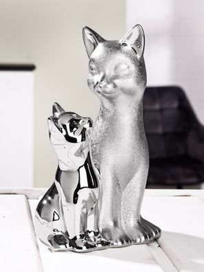 Gilde Porzellan Skulptur Katze silberfarben, glänzend und mit Oberflächenstruktur