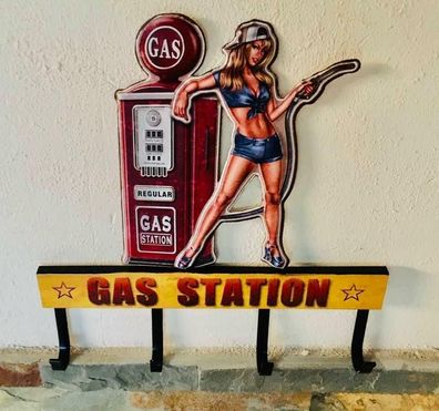 Garderoben Schild Gas Station motivgeprägt 32x31 cm Pin Up Haken