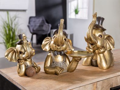 Gilde Elefant "Maroni" goldfarben, mit Zylinder und Tablett aus Metall H: 26 cm