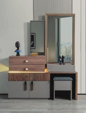 Braun-Graue Schlafzimmer Möbel Luxus Kommode Mit Spiegel Polsterhocker