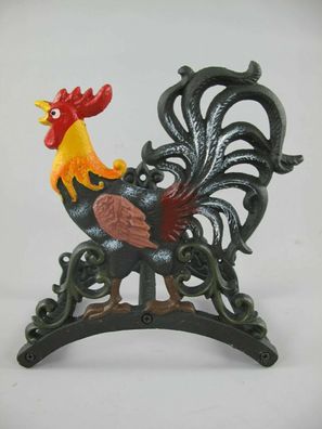 gusseiserner, farbiger Schlauchhalter Hahn Rooster Gockel 26x14x24cm Antik