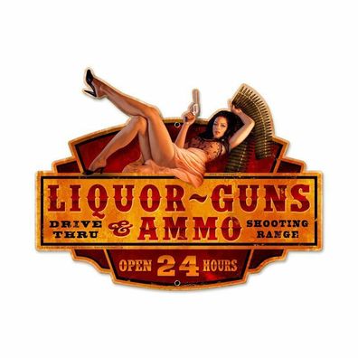 XXL Schild Liquor Guns+ Ammo Pin up 52 x 42 cm Drive Thru+Shooting Range