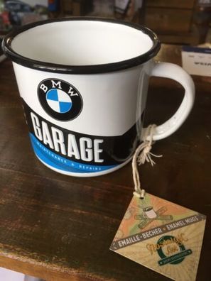 BMW Garage Emaille Becher Tasse Kaffee Tee cool und krasser Stuff