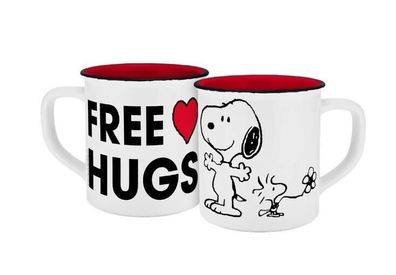 Peanuts Emaille-Optik Snoopy + Woodstock Keramik Tasse Free Hugs Kaffee Tee