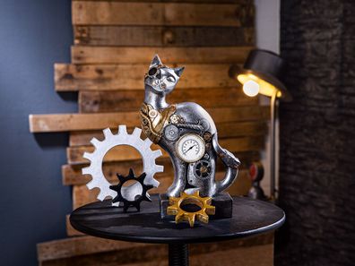 Gilde Skulptur "Steampunk Cat" antik silberfarben mit kupferfarbenen Elementen,