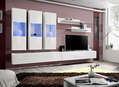 Wohnzimmer RTV Hänge Vitrine Wohnwand Holz Design Weiß Modern Neu Set 7tlg