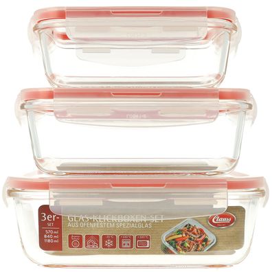 Glas-Klickboxen 3er-Set BPA-frei Frischhaltedose Mikrowelle Einfrieren Backofen