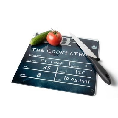 Schneidebrett aus Glas "The Cookfather" - Filmklappen Design 30x30 cm Der Pate