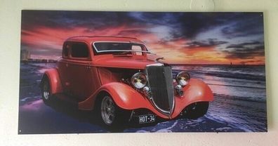 Metallschild Red Hot Rod on Beach 80 x 40 cm