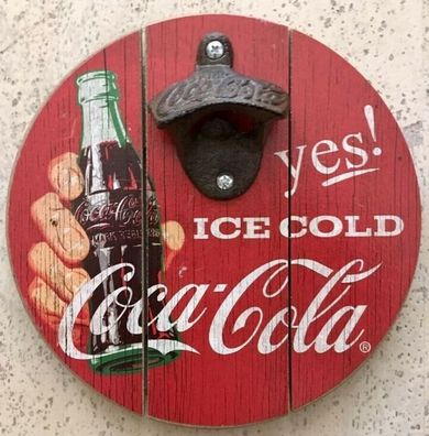 Coca-Cola Yes ! Ice Cold Holzschild mit Flaschenöffner - 20 cm Durchmesser