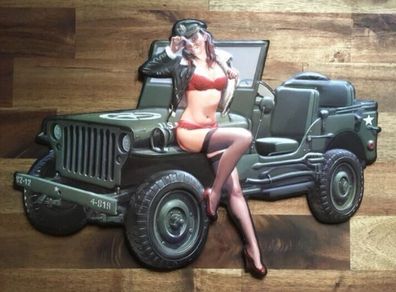 Blechschild: Willys Army Jeep mit Pinup - ca. 40 x 28 cm - motivgeprägt