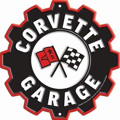 US Schild in Zahnradform: Corvette Garage- ca. 29 cm Durchmesser Pony V8