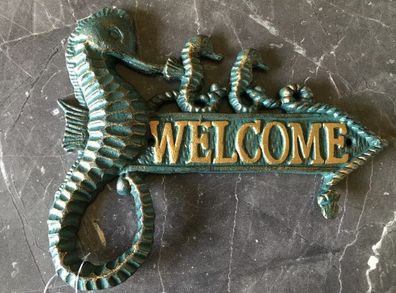 gusseisernes Welcome Schild Willkommen Seepferdchen Deco Nautik Maritim cool !