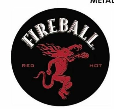 US Blechschild Fireball Whiskey - red + hot - rund + gewölbt - 38 cm Durchmesser