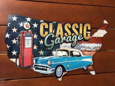 Garagen Werkstatt Schild Classic Garage "shaped" ca. 50 x 30 cm USA MAP