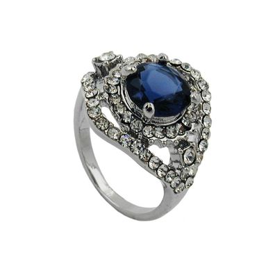 Ring 17mm großer blauer Glasstein mit kleinen weißen Glassteinen rhodiniert Ringgr