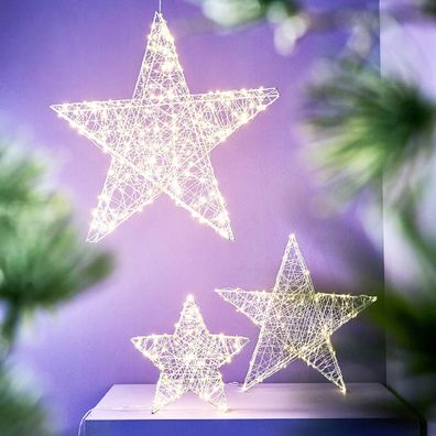 LED Draht Stern 80 LEDs Silber 37,5 cm mit Timer Weihnachts Deko zum Hängen