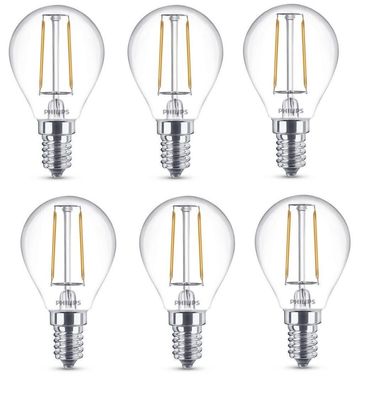 6x Philips LED Filament Tropfen E14 2W = 25W warmweiß 250lm EEK: (Spektrum A-G)