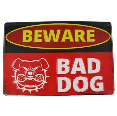 Blechschild, Reklameschild Beware Bad Dog, lustiges Garten Wandschild 20x30 cm