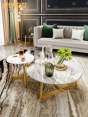 Rund Tisch Couch Marmor Runde Tische Beistell Naturstein Edelstahl Doppel Set 2x