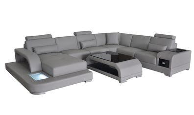 Ledersofa Wohnlandschaft Ecksofa Sitzecke Sitzgarnitur Sofa Couch + USB + Tisch