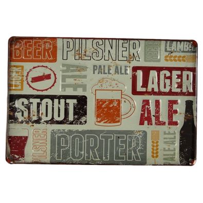 Blechschild, Reklameschild Stout Lager Bier Ale, Kneipen Wandschild 20x30 cm