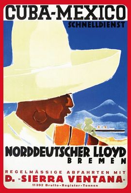 Blechschild 20x30 cm: Schnelldienst - Norddeutscher Lloyd: Cuba - Mexico