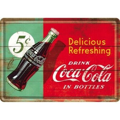 Blechpostkarte: Coca-Cola Delicious refreshing 14x10cm Drink Coca-Cola in Bottle