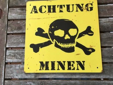 retro Skull Schild: Achtung Minen 24x24 cm Retro Wehrmacht WK1 WK2 shabby