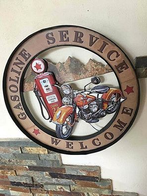 3D Blechschild 53 cm Welcome - Gasoline Service Bike Texaco- Shabby Style