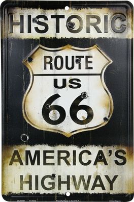 US Blechschild "Route US 66 Americas Highway" 20x30 motivgeprägt neu + ovp