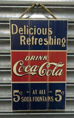 US Holzschild Coca Cola "Delicious Refreshing" 26,7 x 44,5 proudly made in USA