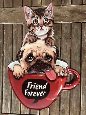 XXL Blechschild: Friends Forever- 55 x38 cm Cat and Dog Hund und Katze
